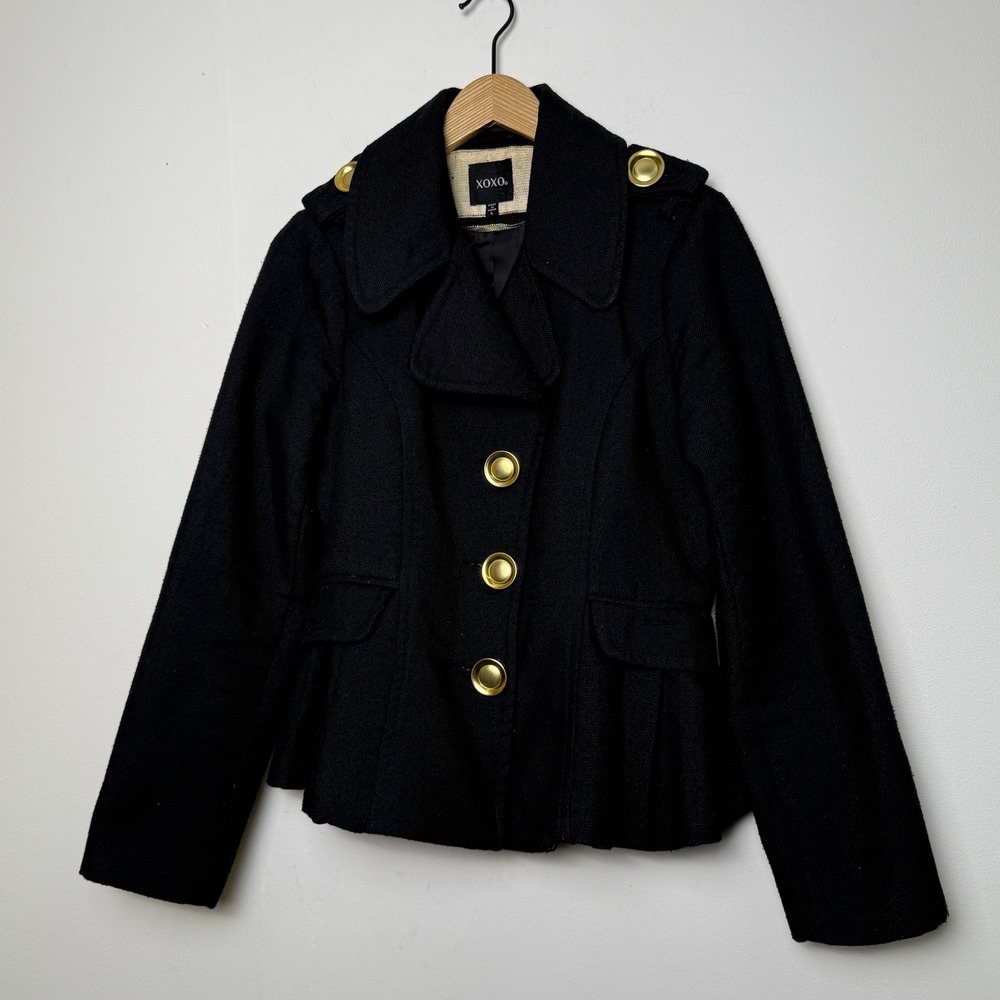 XOXO Black Peplum‎ Jacket Gold Buttons Womens Size L